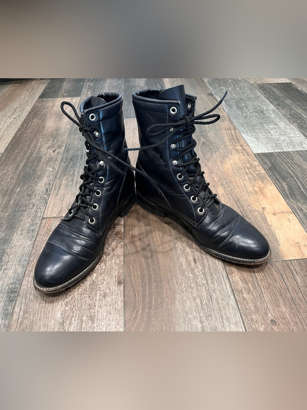 Vintage Justin L0506 Black Leather Lace Up Roper Kiltie Boots Size 6B Granny